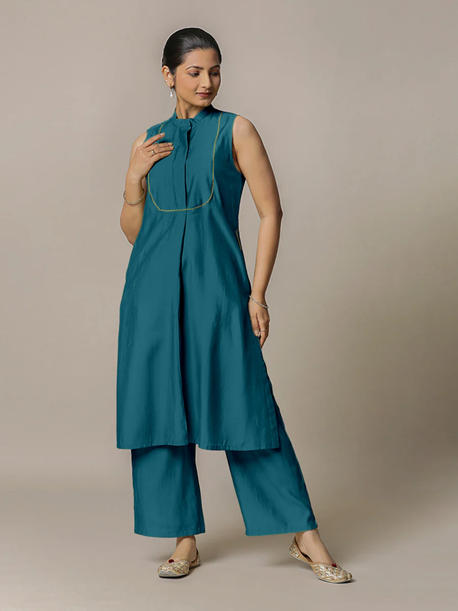 Eira x Rozaana | A Line Kurta w/ Mandarin Collar in Crystal Teal | Coords or Only Kurta - Image 6