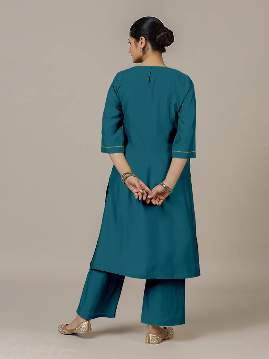Sadaf x Rozaana | A Line Kurta in Crystal Teal with Thread Work | Coords or Only Kurta - Image 2