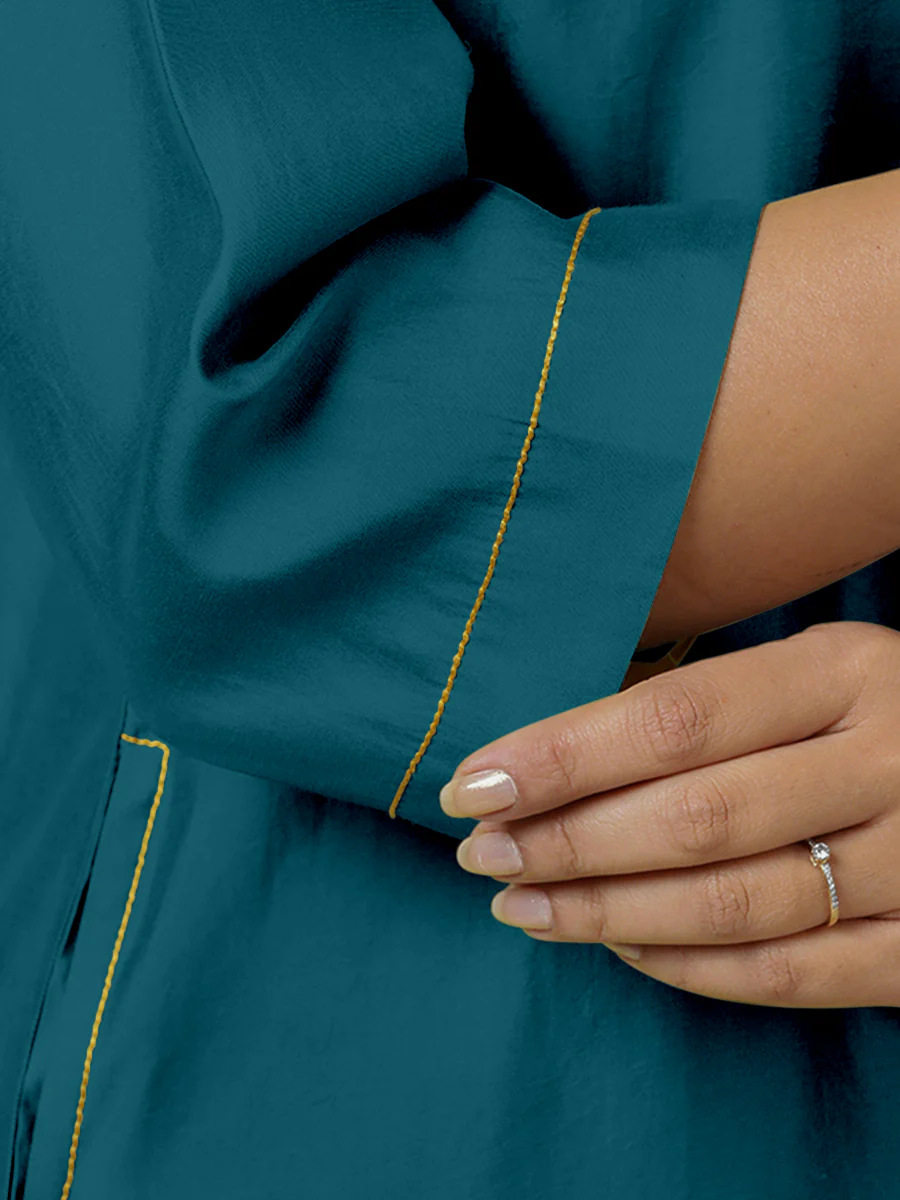 Sadaf x Rozaana | A Line Kurta in Crystal Teal with Thread Work | Coords or Only Kurta - Image 3