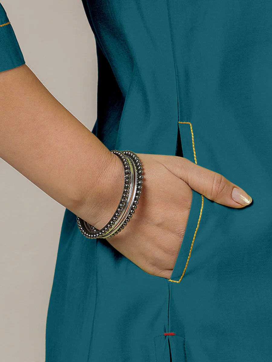 Sadaf x Rozaana | A Line Kurta in Crystal Teal with Thread Work | Coords or Only Kurta - Image 5