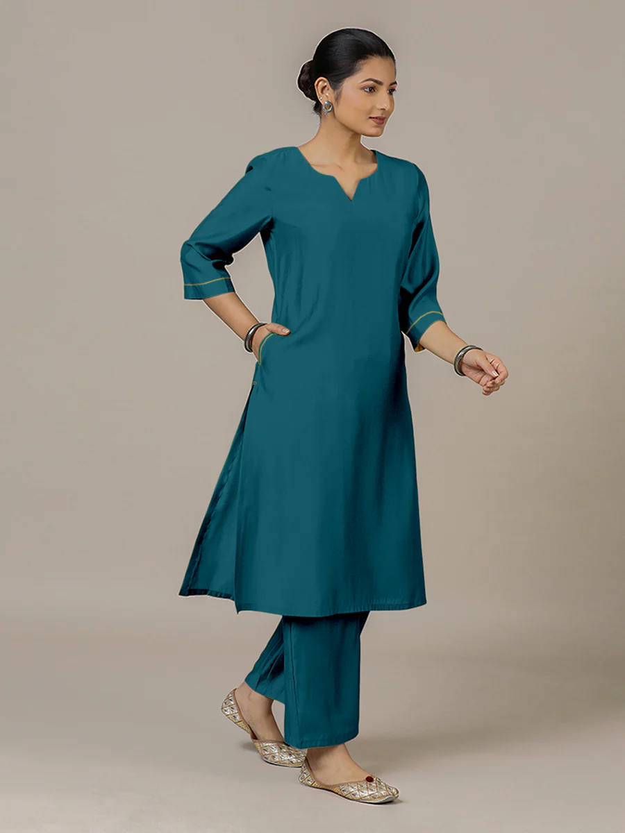 Sadaf x Rozaana | A Line Kurta in Crystal Teal with Thread Work | Coords or Only Kurta - Image 8