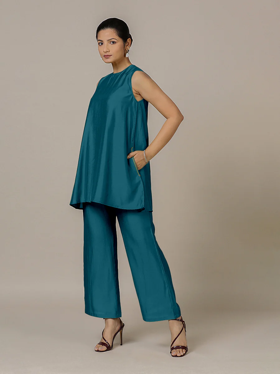 Sana x Rozaana | A Line Kurta in Crystal Teal with Thread Work | Coords or Only Kurta - Image 6