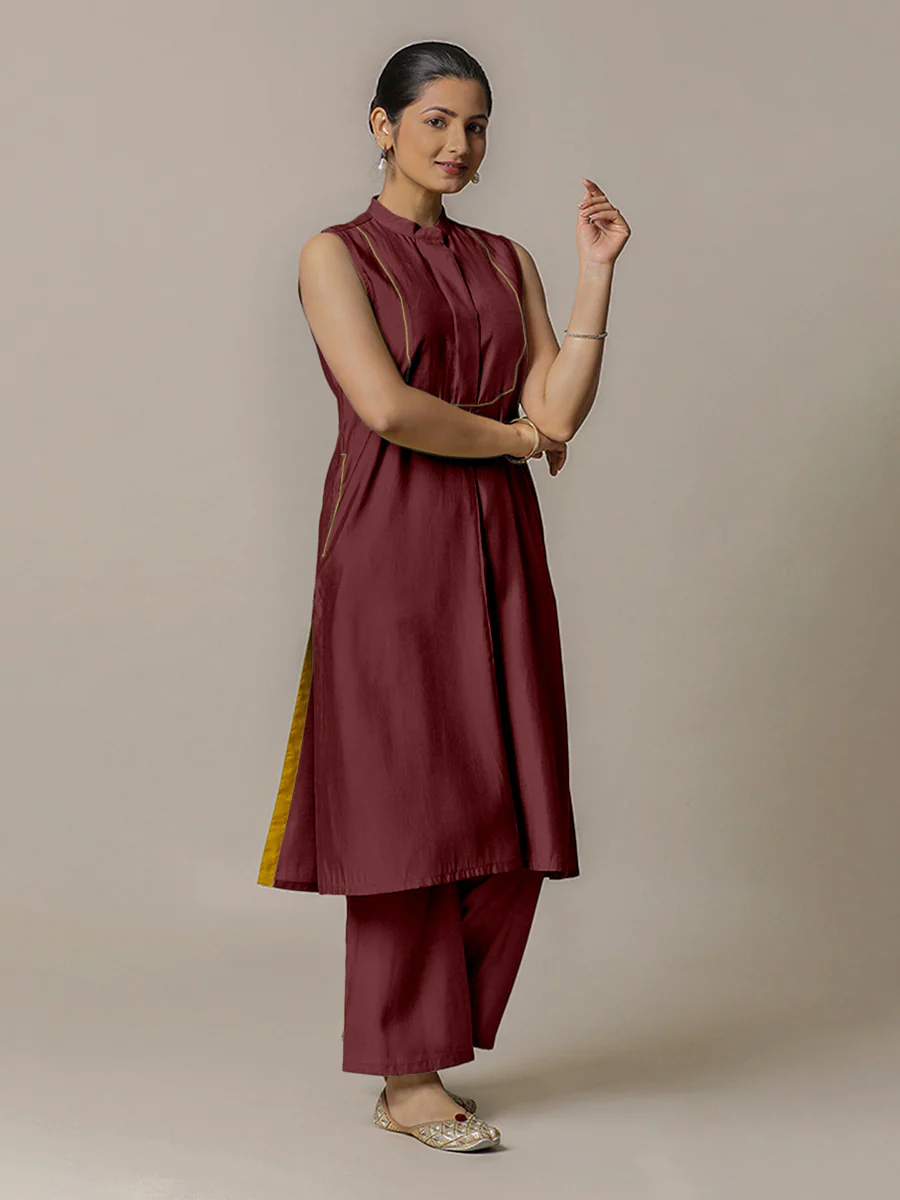 Eira x Rozaana | A Line Kurta w/ Mandarin Collar in Deep Maroon | Coords or Only Kurta - Image 7