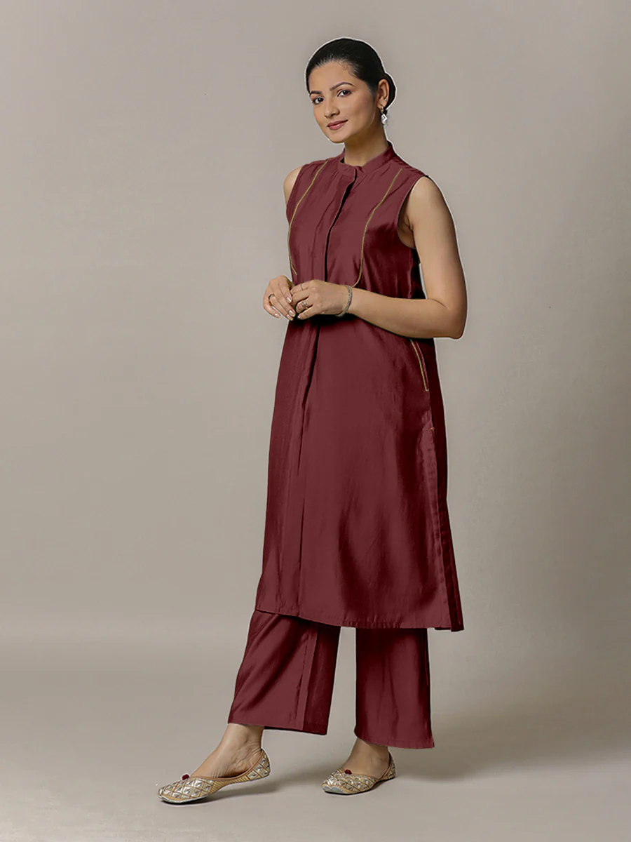 Eira x Rozaana | A Line Kurta w/ Mandarin Collar in Deep Maroon | Coords or Only Kurta - Image 9