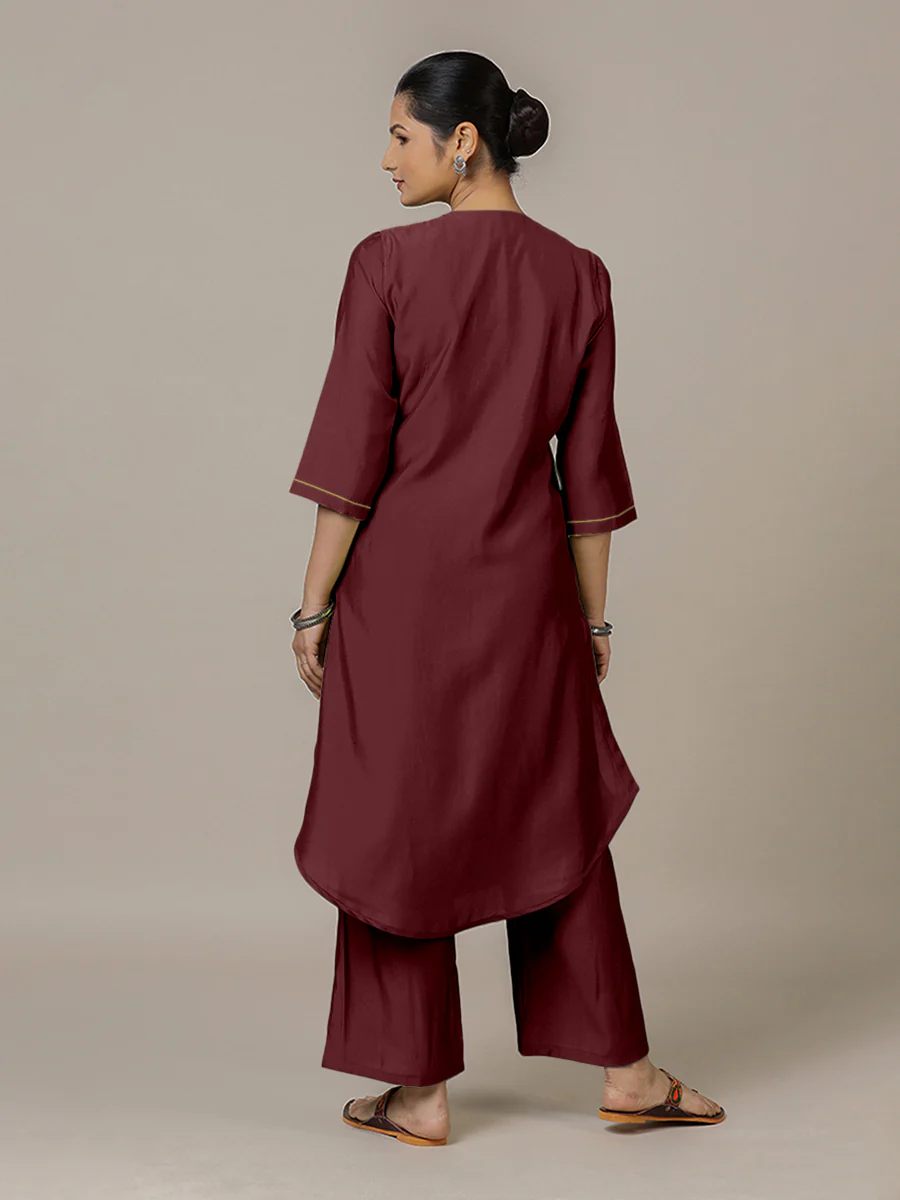Urvi x Rozaana | A Line Kurta in Deep Maroon with Thread Work | Coords or Only Kurta - Image 2