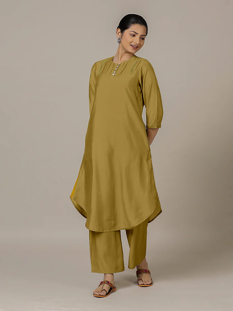 Urvi x Rozaana | A Line Kurta in Dijon Mustard with Thread Work | Coords or Only Kurta - Image 5