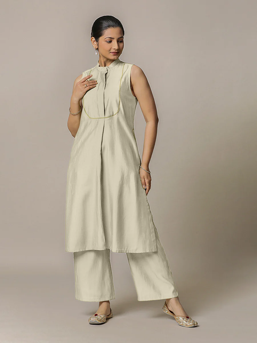 Eira x Rozaana | A Line Kurta w/ Mandarin Collar in Ivory | Coords or Only Kurta - Image 6