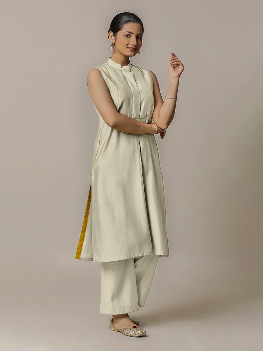 Eira x Rozaana | A Line Kurta w/ Mandarin Collar in Ivory | Coords or Only Kurta - Image 8