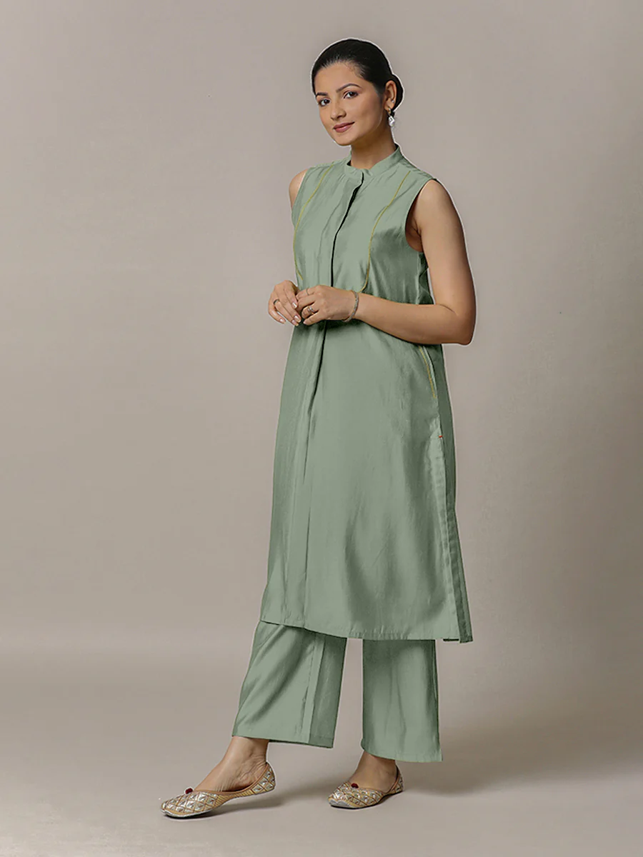 Eira x Rozaana | A Line Kurta w/ Mandarin Collar in Mint Green | Coords or Only Kurta - Image 10