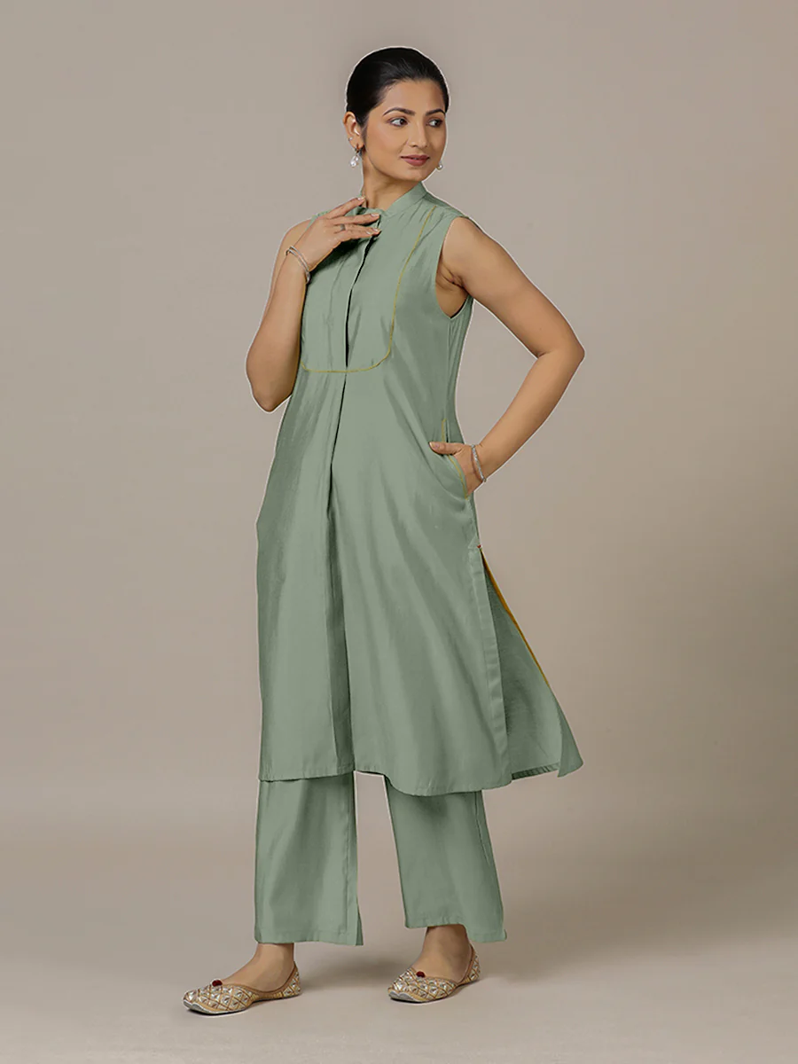 Eira x Rozaana | A Line Kurta w/ Mandarin Collar in Mint Green | Coords or Only Kurta - Image 9