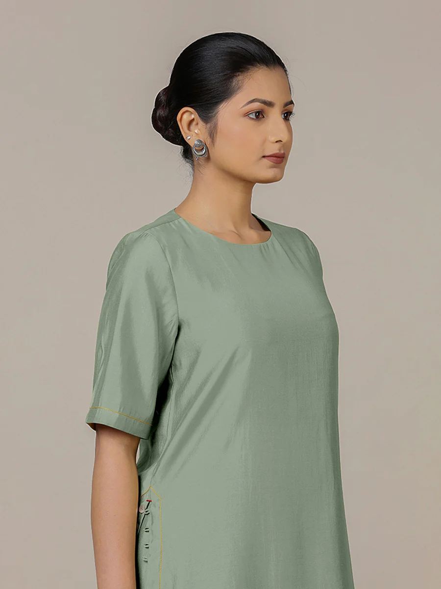 Riya x Rozaana | A Line Kurta in Mint Green with Thread Work | Coords or Only Kurta - Image 4