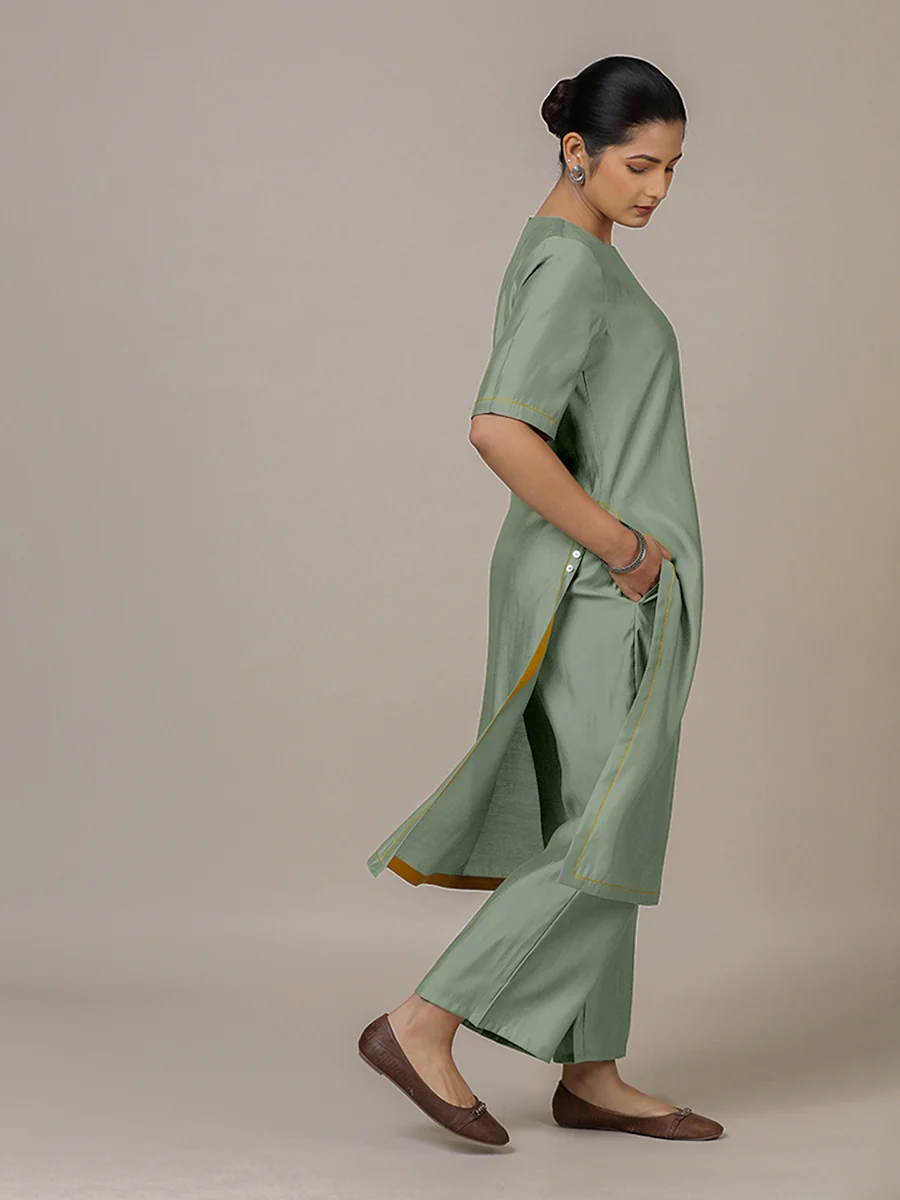 Riya x Rozaana | A Line Kurta in Mint Green with Thread Work | Coords or Only Kurta - Image 8