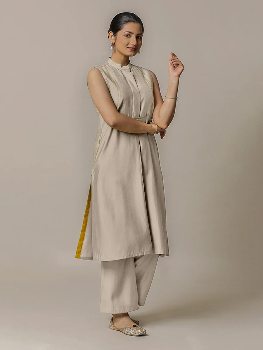 Eira x Rozaana | A Line Kurta w/ Mandarin Collar in Oyster Grey | Coords or Only Kurta - Image 7