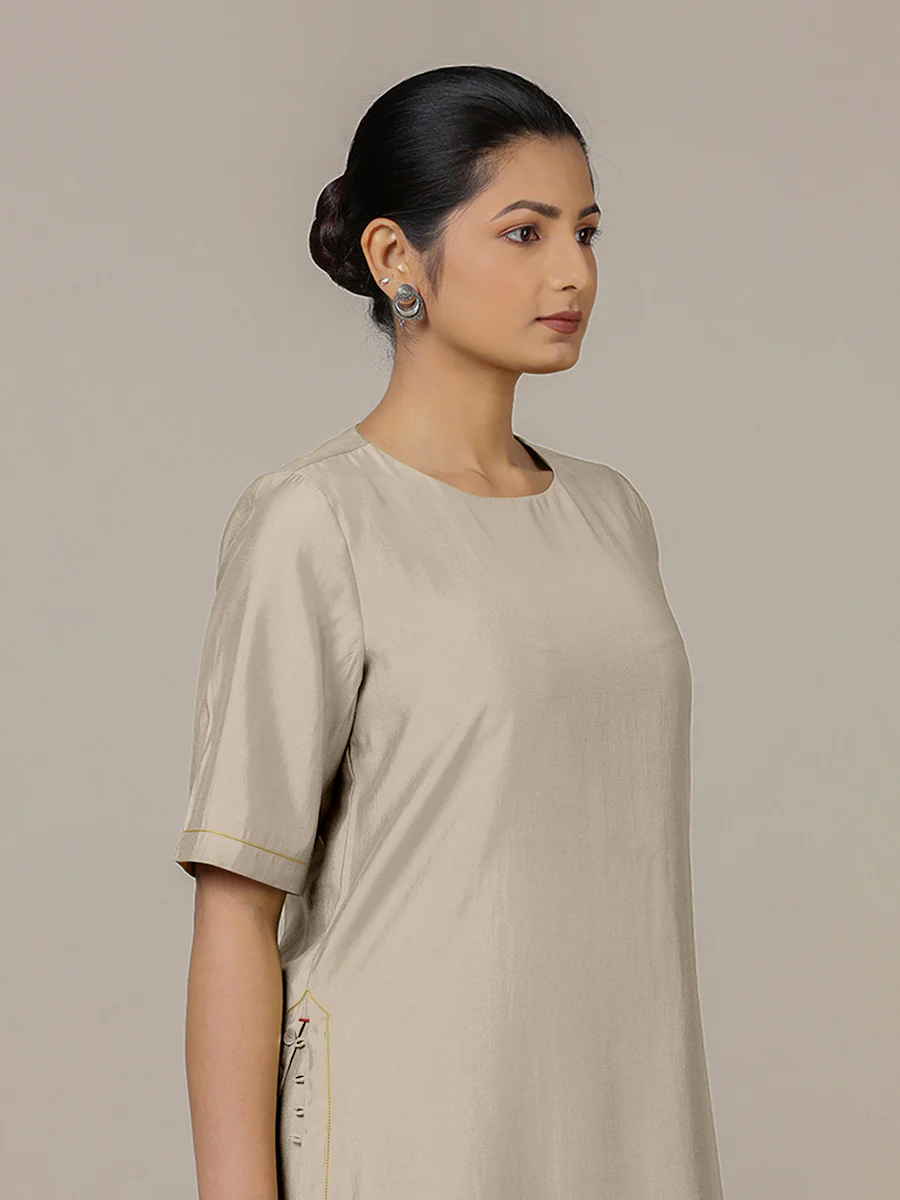 Riya x Rozaana | A Line Kurta in Oyster Grey with Thread Work | Coords or Only Kurta - Image 4
