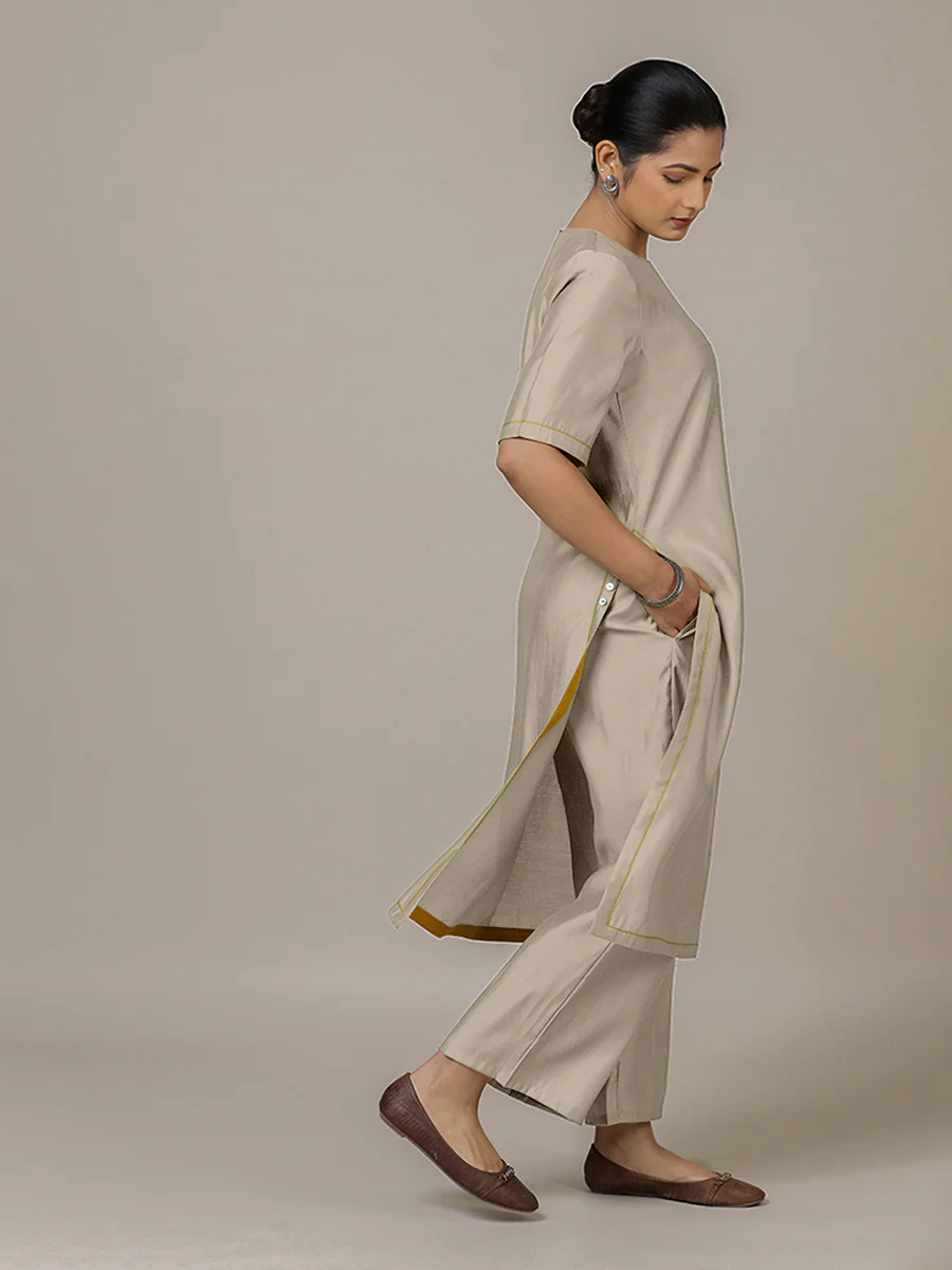 Riya x Rozaana | A Line Kurta in Oyster Grey with Thread Work | Coords or Only Kurta - Image 8