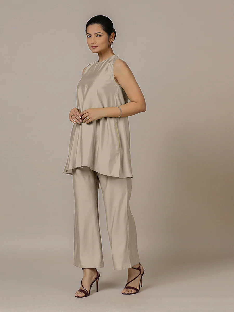 Sana x Rozaana | A Line Kurta in Oyster Grey with Thread Work | Coords or Only Kurta - Image 5