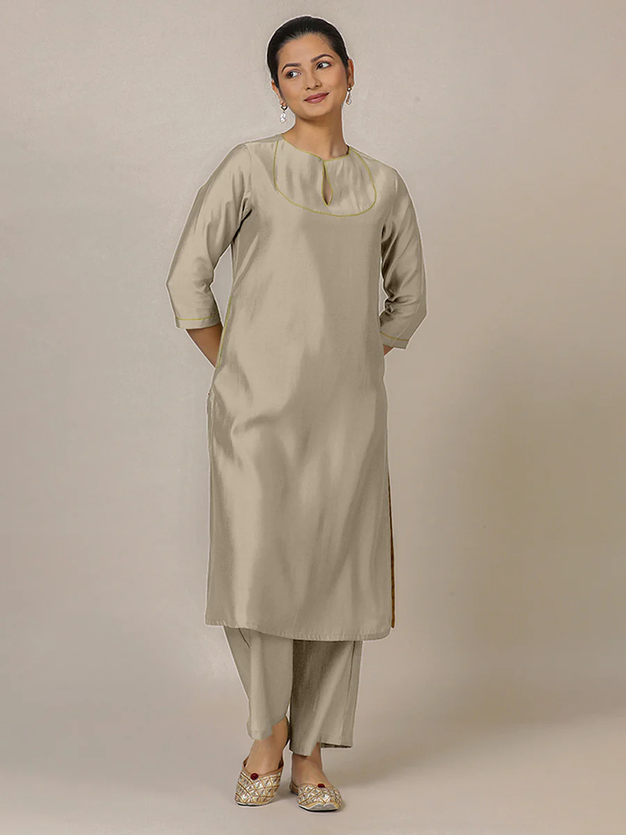 Zoya x Rozaana | A Line Kurta in Oyster Grey with Thread Work | Coords or Only Kurta - Image 5