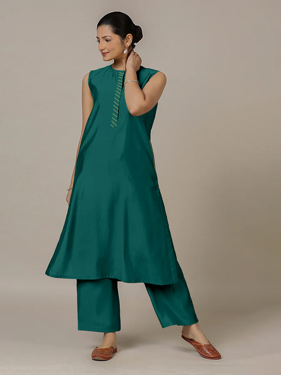 Adah x Rozaana | A Line Kurta in Peacock Green with Thread Work | Coords or Only Kurta - Image 7