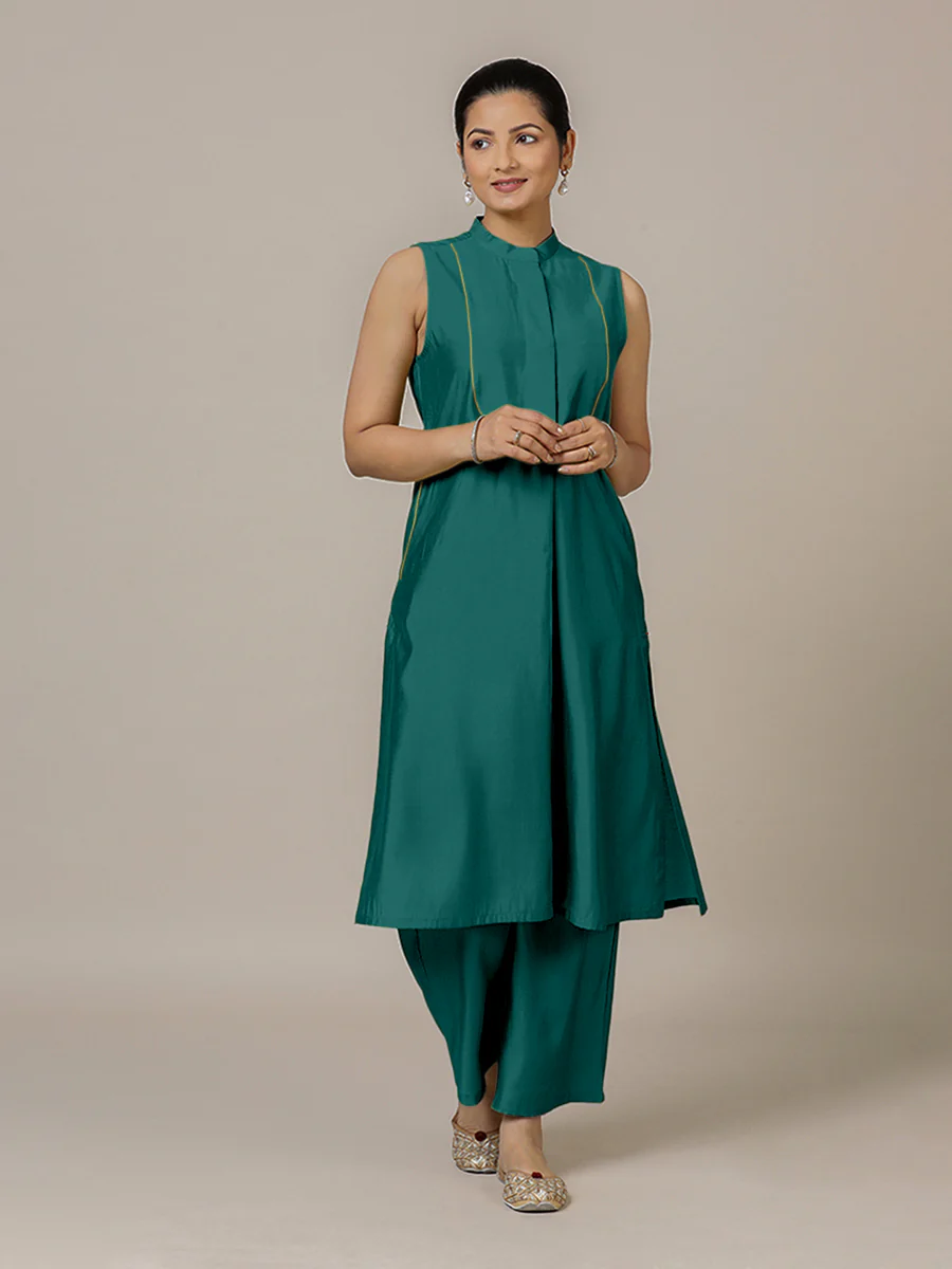 Eira x Rozaana | A Line Kurta w/ Mandarin Collar in Peacock Green | Coords or Only Kurta - Image 10