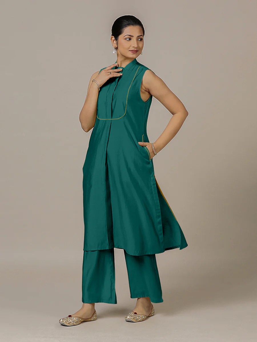 Eira x Rozaana | A Line Kurta w/ Mandarin Collar in Peacock Green | Coords or Only Kurta - Image 8