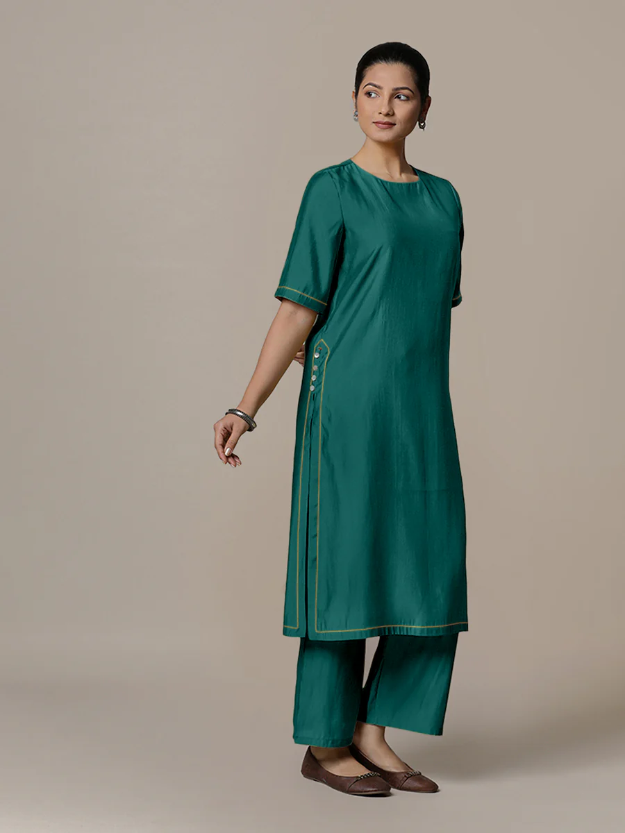 Riya x Rozaana | A Line Kurta in Peacock Green with Thread Work | Coords or Only Kurta - Image 8