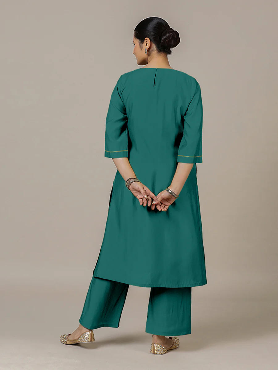 Sadaf x Rozaana | A Line Kurta in Peacock Green with Thread Work | Coords or Only Kurta - Image 3