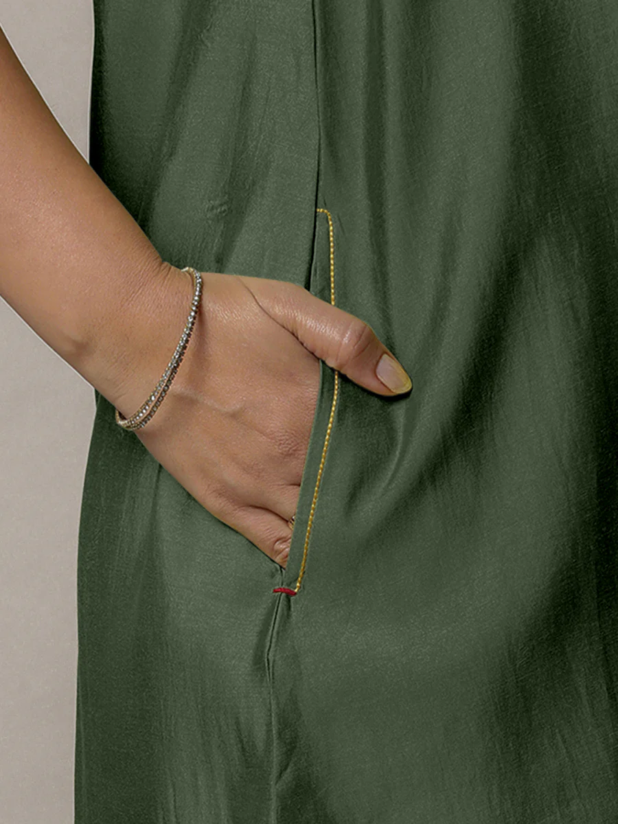 Sana x Rozaana | A Line Kurta in Pine Green with Thread Work | Coords or Only Kurta - Image 3