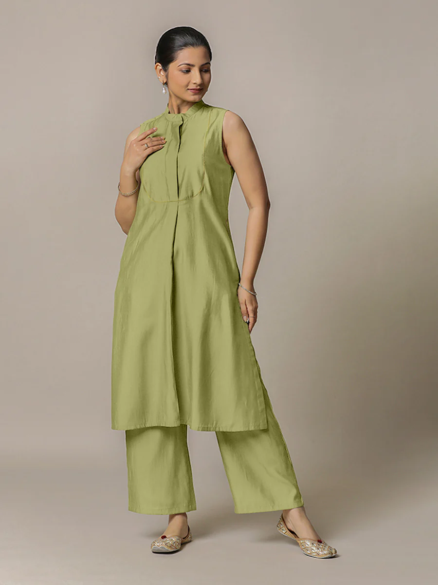Eira x Rozaana | A Line Kurta w/ Mandarin Collar in Pista Green | Coords or Only Kurta - Image 6