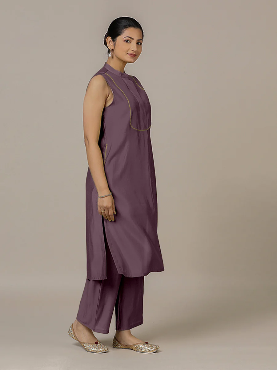 Eira x Rozaana | A Line Kurta w/ Mandarin Collar in Purple Mauve | Coords or Only Kurta - Image 7
