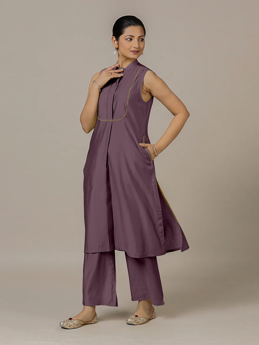 Eira x Rozaana | A Line Kurta w/ Mandarin Collar in Purple Mauve | Coords or Only Kurta - Image 9