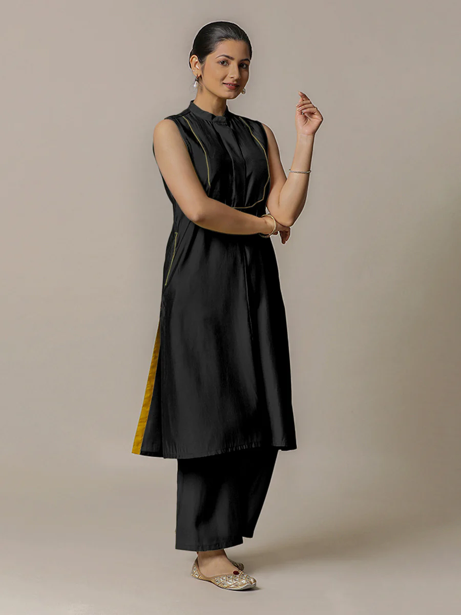 Eira x Rozaana | A Line Kurta w/ Mandarin Collar in Raven Black | Coords or Only Kurta - Image 7