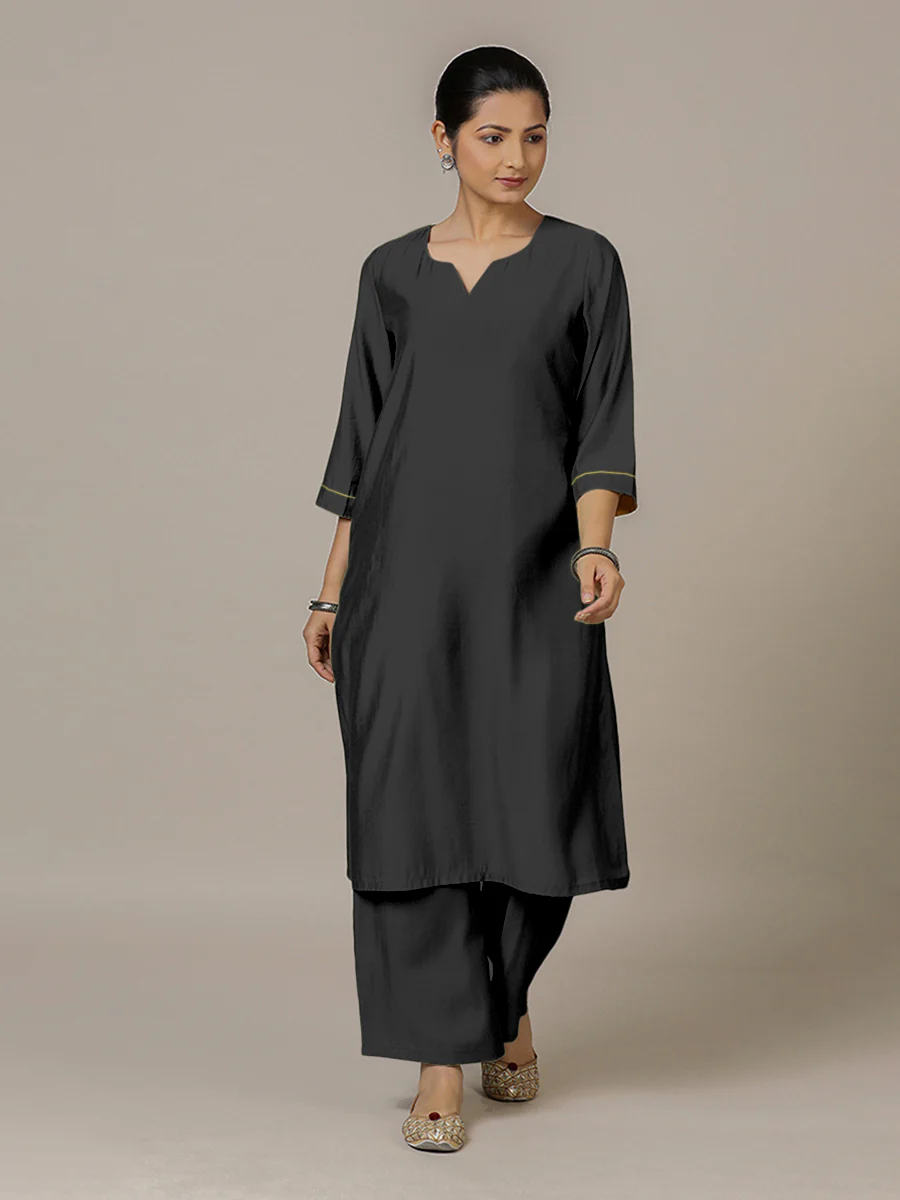 Sadaf x Rozaana | A Line Kurta in Raven Black with Thread Work | Coords or Only Kurta - Image 6