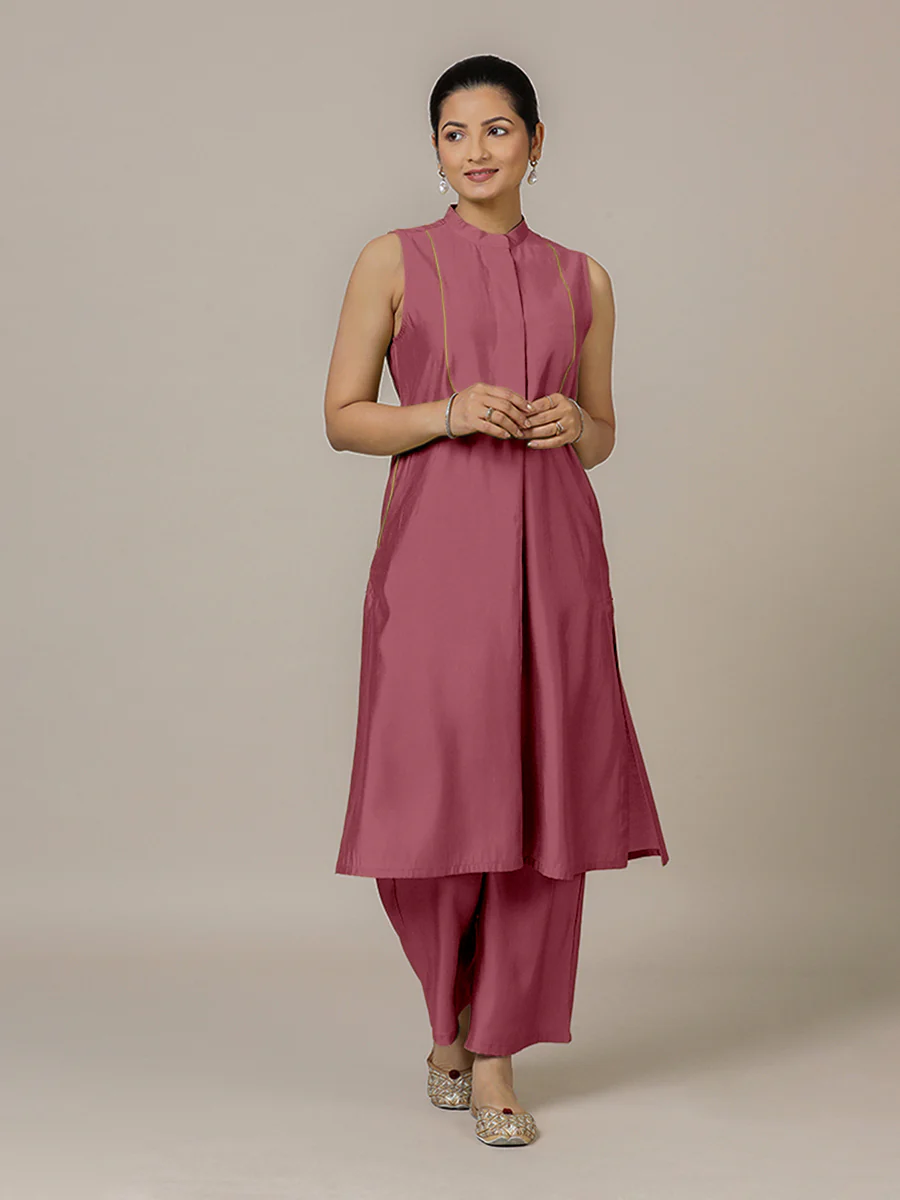 Eira x Rozaana | A Line Kurta w/ Mandarin Collar in Rose Pink | Coords or Only Kurta - Image 10