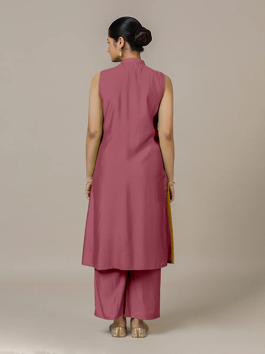 Eira x Rozaana | A Line Kurta w/ Mandarin Collar in Rose Pink | Coords or Only Kurta - Image 2