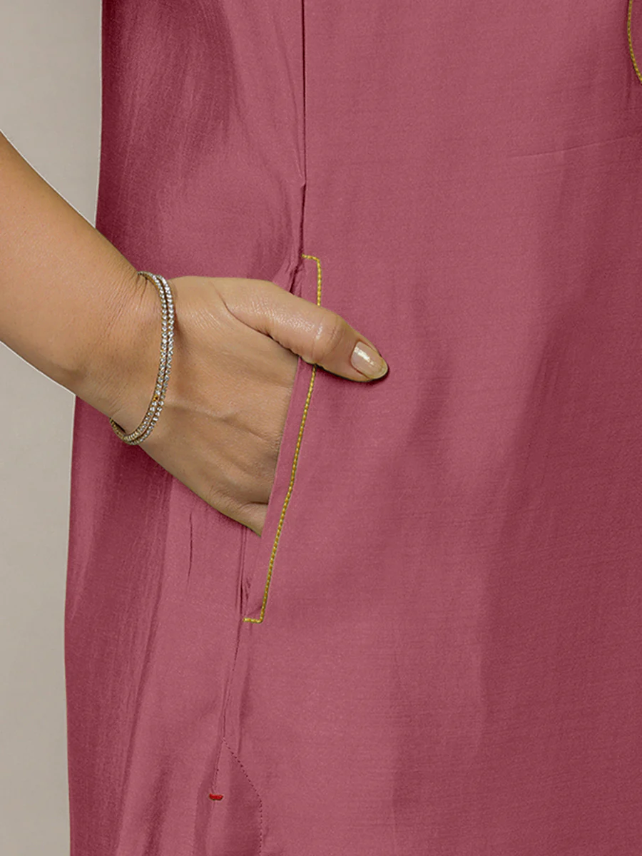 Eira x Rozaana | A Line Kurta w/ Mandarin Collar in Rose Pink | Coords or Only Kurta - Image 5