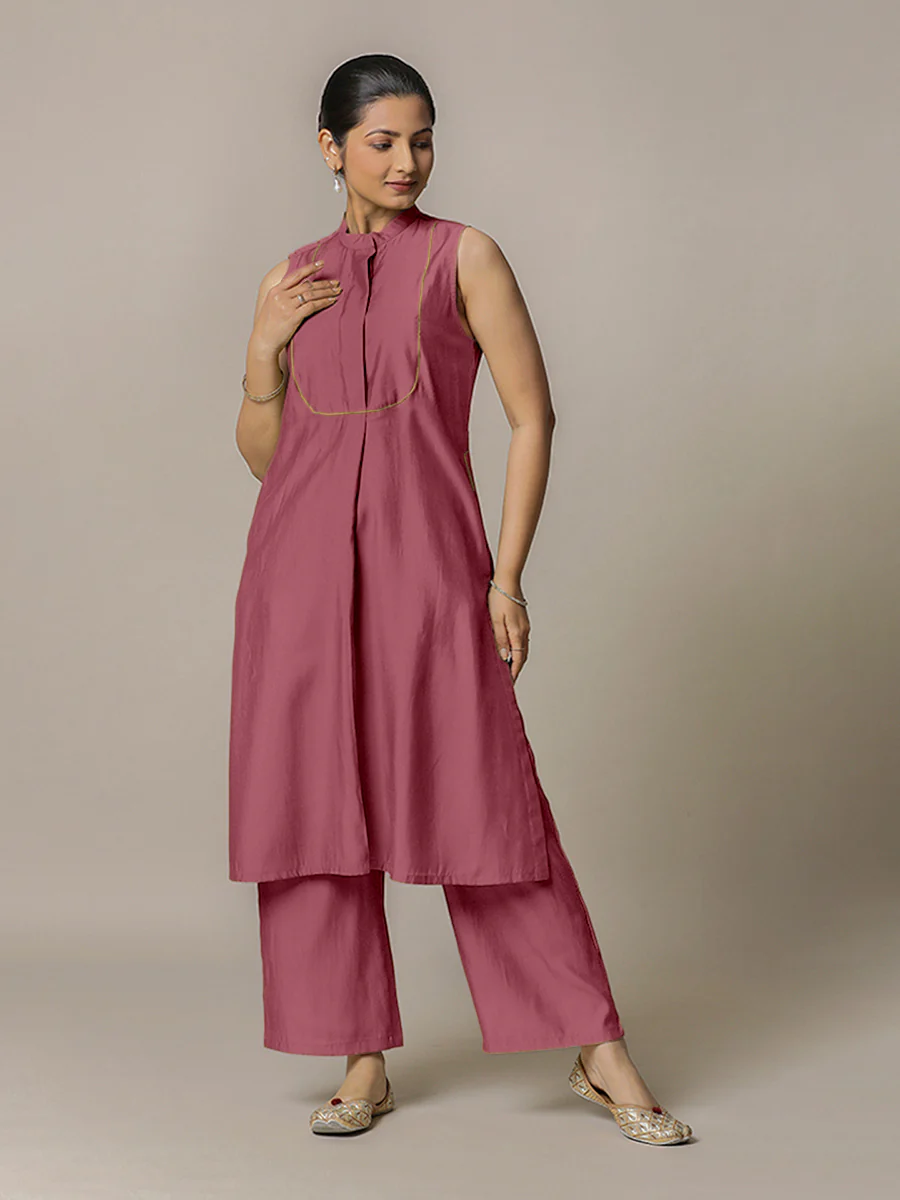 Eira x Rozaana | A Line Kurta w/ Mandarin Collar in Rose Pink | Coords or Only Kurta - Image 6