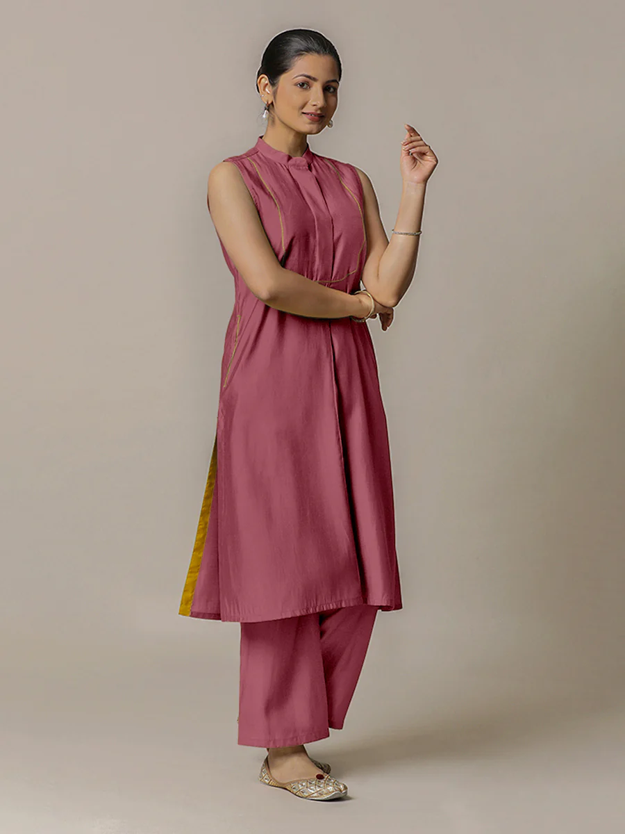 Eira x Rozaana | A Line Kurta w/ Mandarin Collar in Rose Pink | Coords or Only Kurta - Image 7