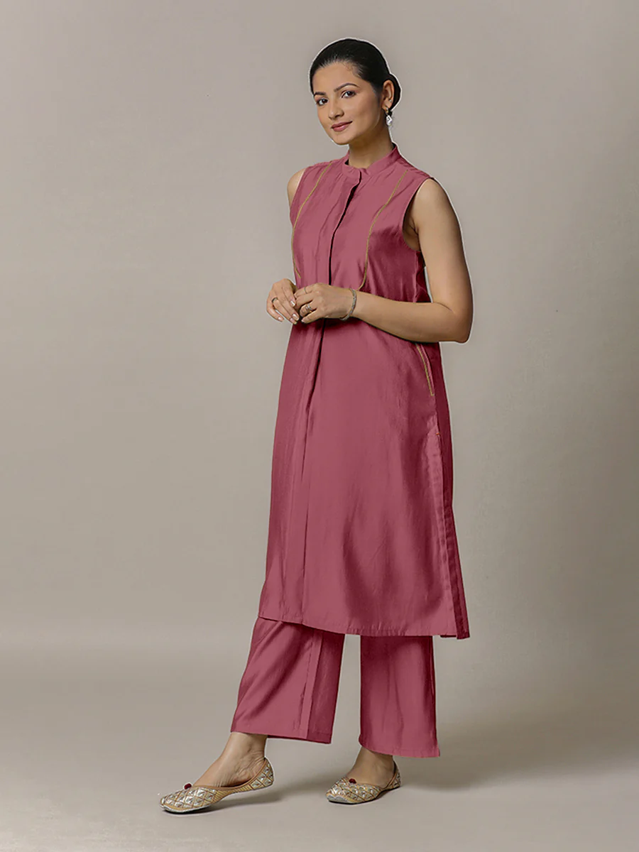 Eira x Rozaana | A Line Kurta w/ Mandarin Collar in Rose Pink | Coords or Only Kurta - Image 9