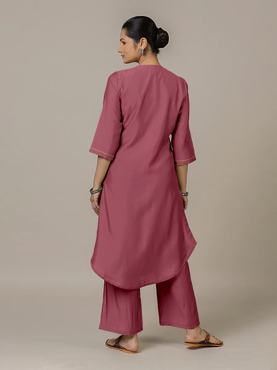 Urvi x Rozaana | A Line Kurta in Rose Pink with Thread Work | Coords or Only Kurta - Image 2