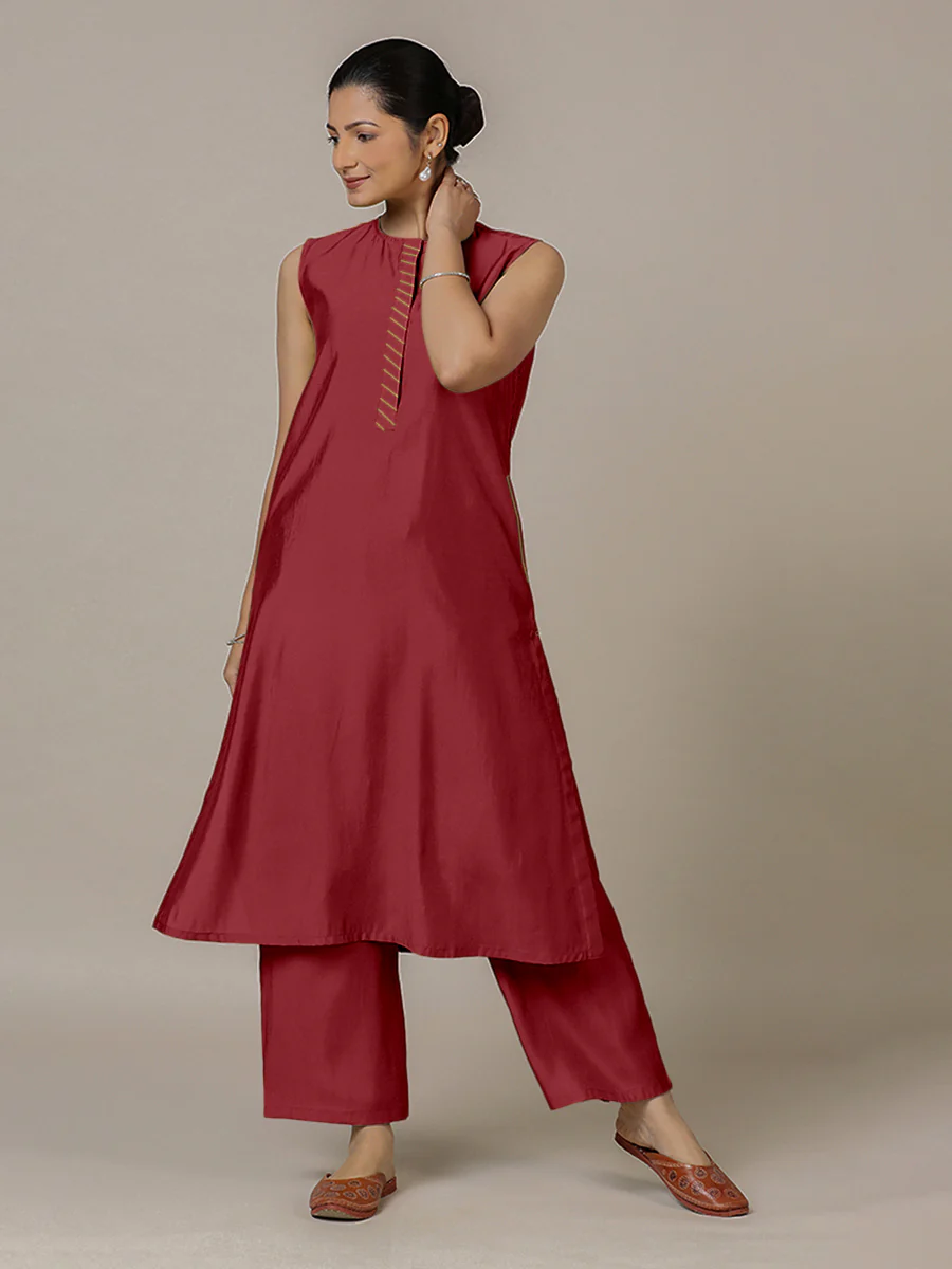 Adah x Rozaana | A Line Kurta in Scarlet Red with Thread Work | Coords or Only Kurta - Image 7