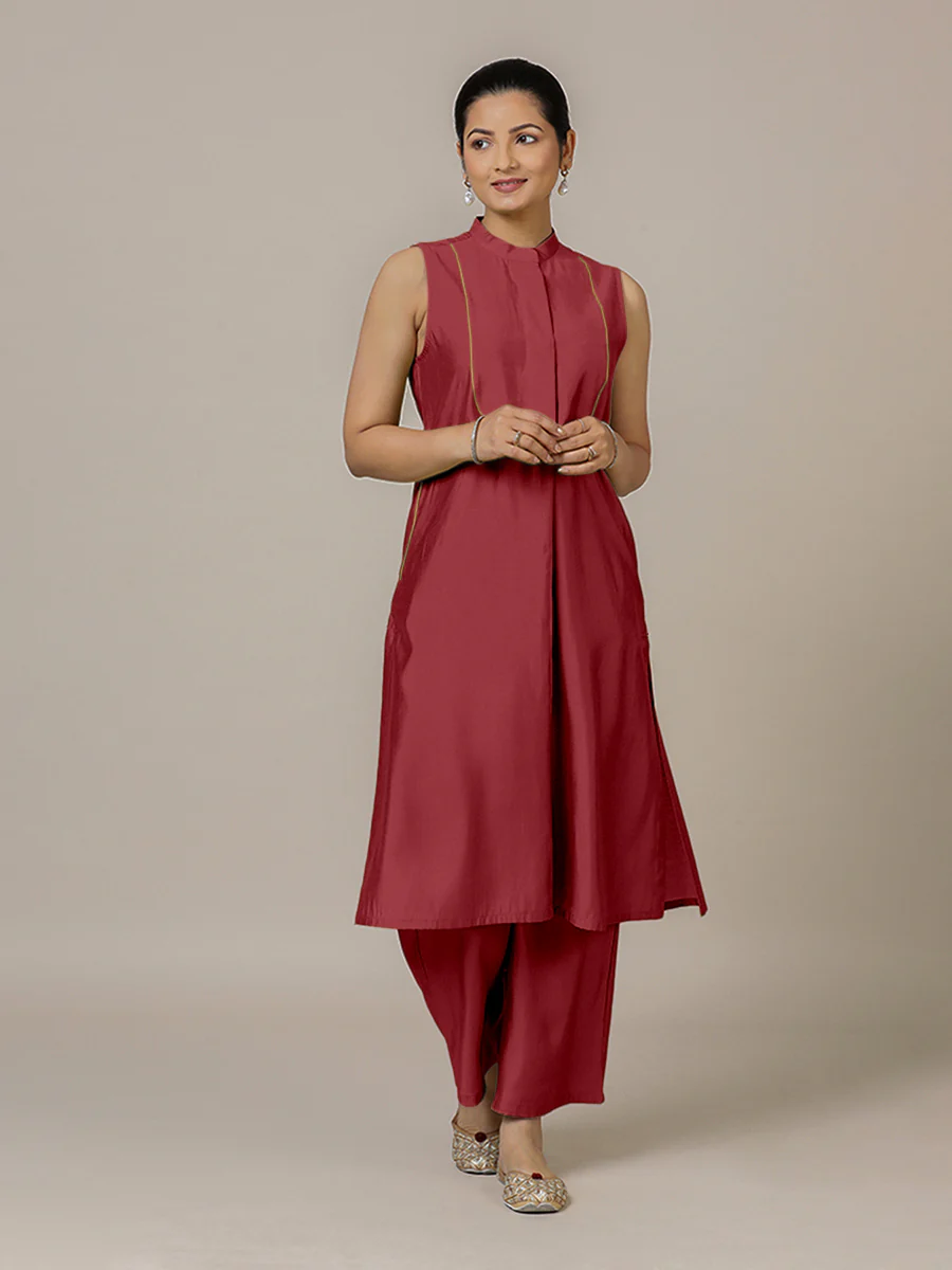Eira x Rozaana | A Line Kurta w/ Mandarin Collar in Scarlet Red | Coords or Only Kurta - Image 10
