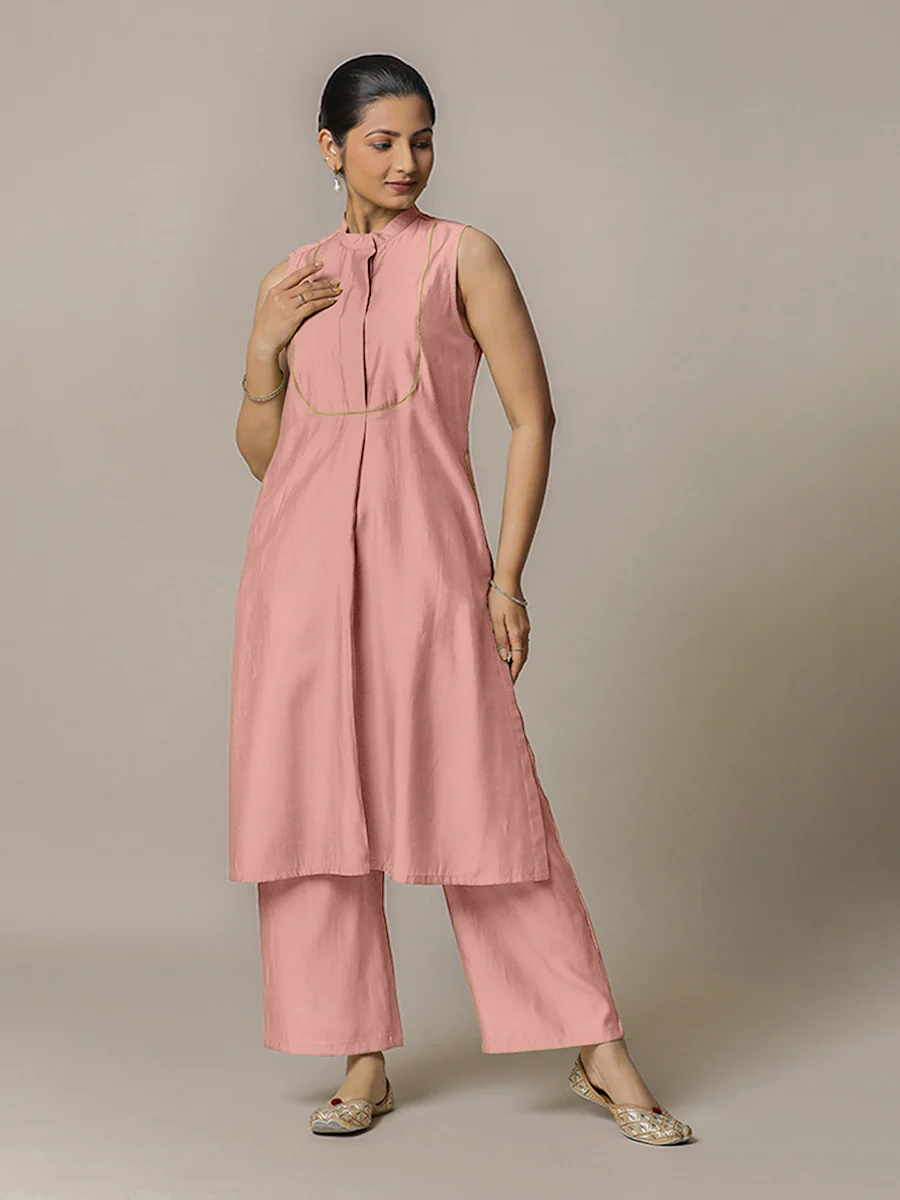 Eira x Rozaana | A Line Kurta w/ Mandarin Collar in Sea Pink | Coords or Only Kurta - Image 7