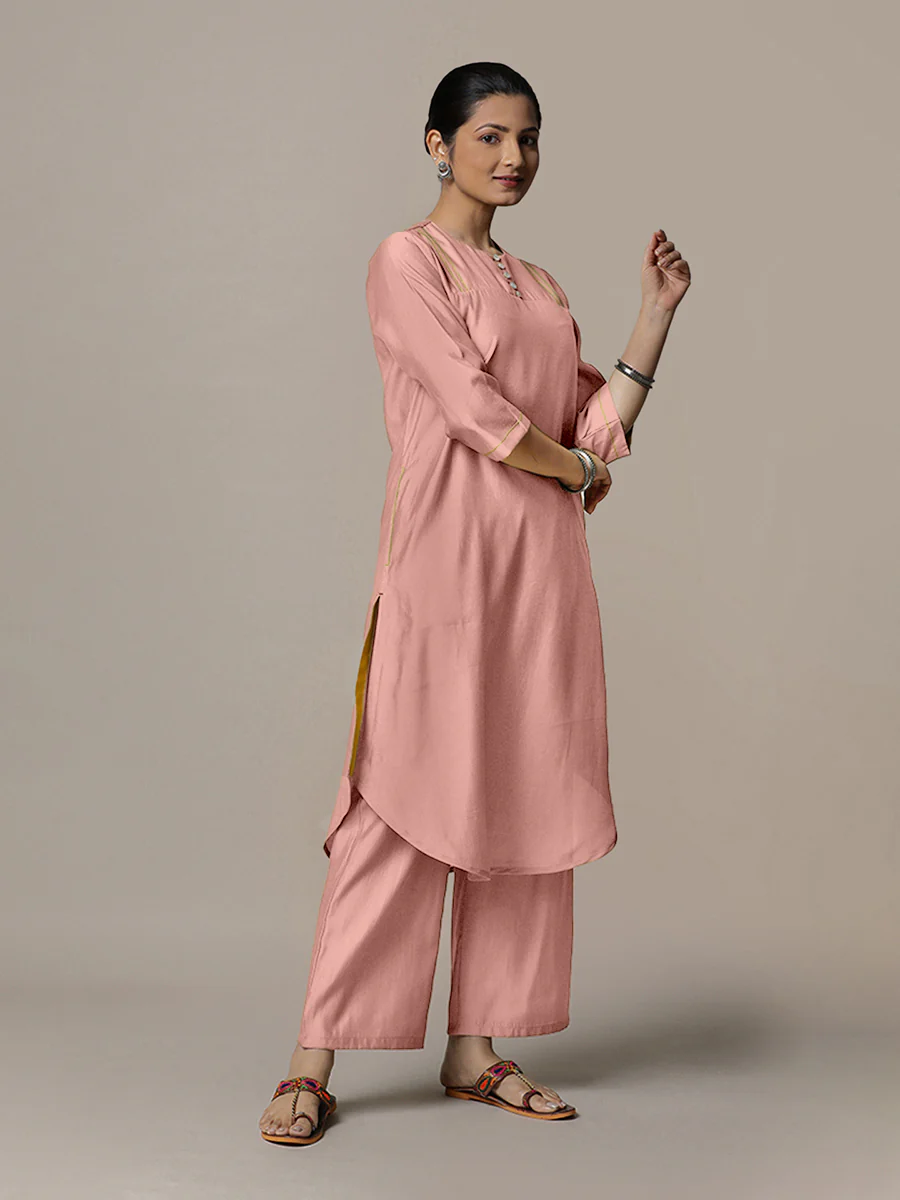 Urvi x Rozaana | A Line Kurta in Sea Pink with Thread Work | Coords or Only Kurta - Image 8