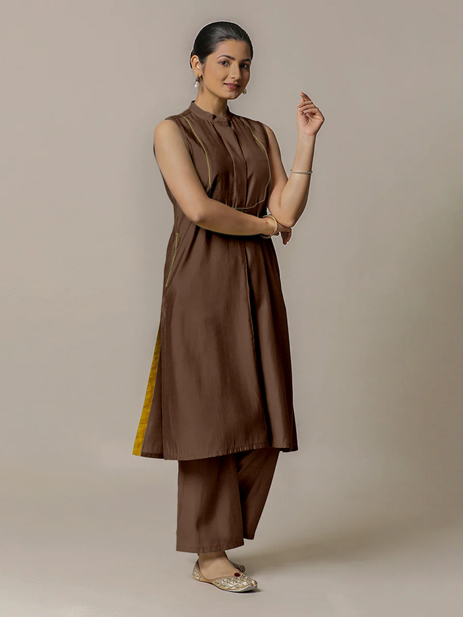 Eira x Rozaana | A Line Kurta w/ Mandarin Collar in Walnut Brown | Coords or Only Kurta - Image 8