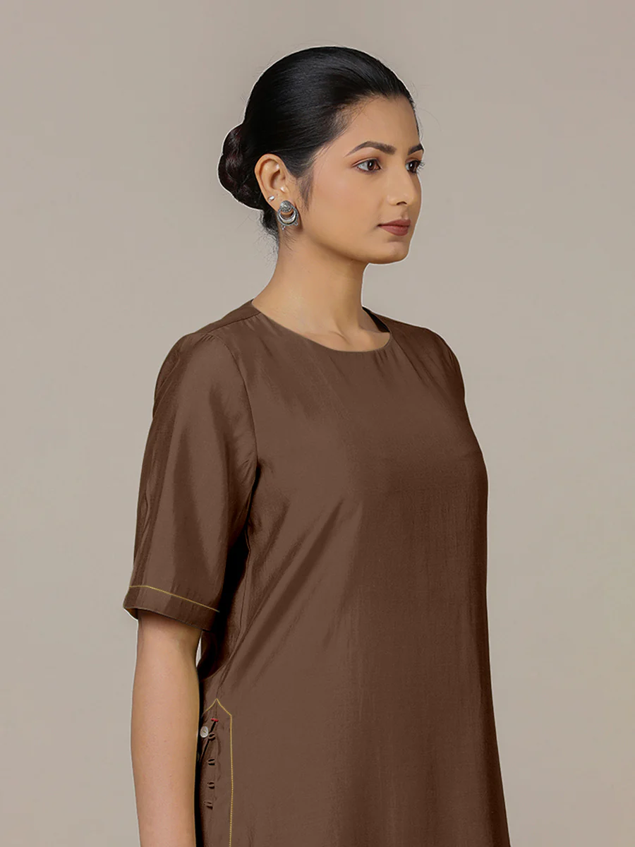 Riya x Rozaana | A Line Kurta in Walnut Brown with Thread Work | Coords or Only Kurta - Image 4