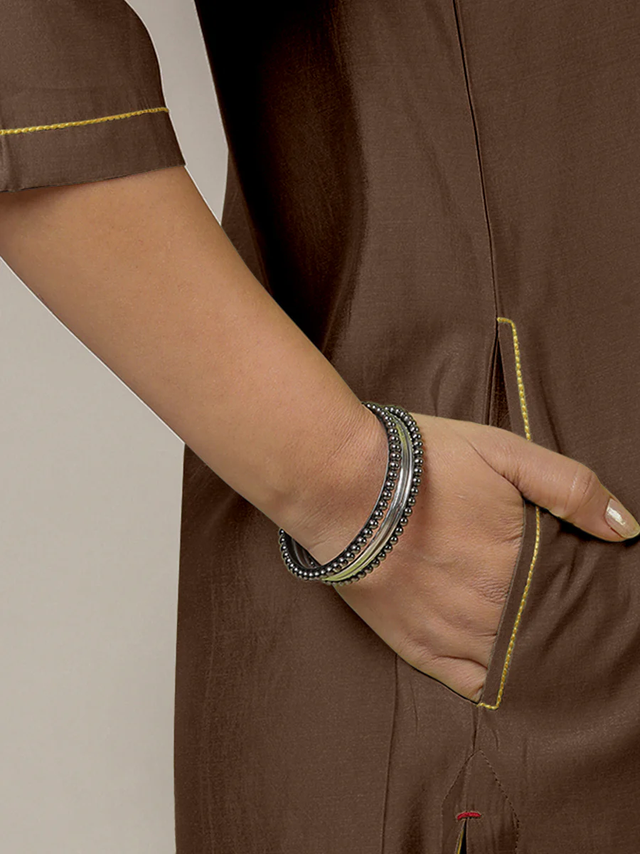 Urvi x Rozaana | A Line Kurta in Walnut Brown with Thread Work | Coords or Only Kurta - Image 4