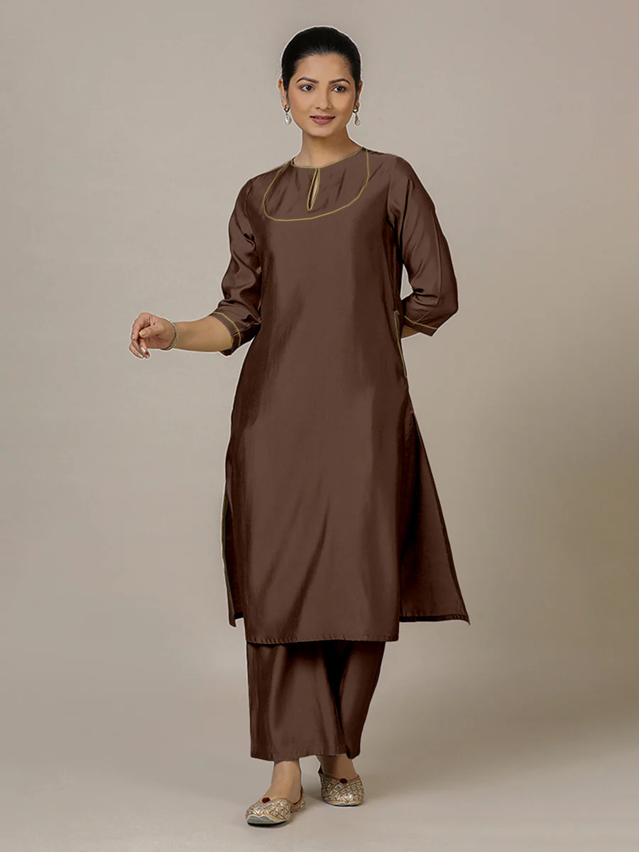 Zoya x Rozaana | A Line Kurta in Walnut Brown with Thread Work | Coords or Only Kurta - Image 6