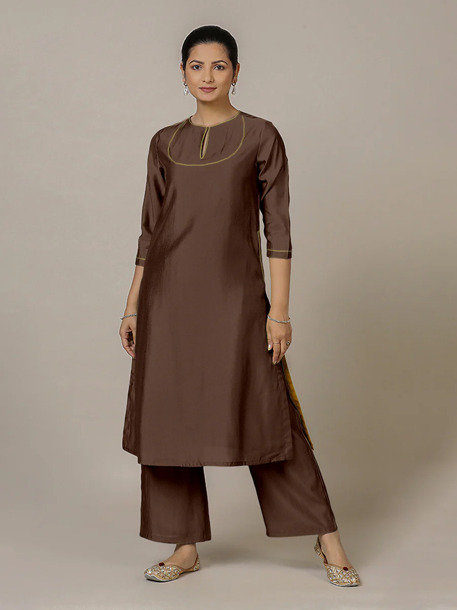 Zoya x Rozaana | A Line Kurta in Walnut Brown with Thread Work | Coords or Only Kurta - Image 9