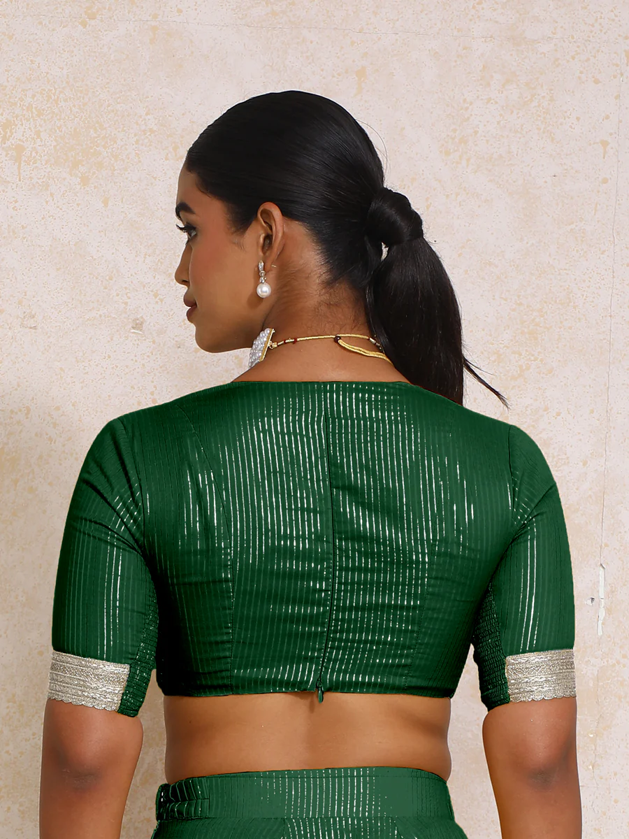 Aaritra x Tyohaar | Elbow Sleeves Dark Green Silver Stripe Cotton Saree Blouse - Image 2