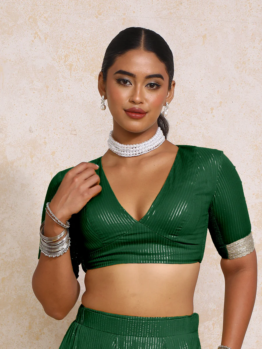 Aaritra x Tyohaar | Elbow Sleeves Dark Green Silver Stripe Cotton Saree Blouse - Image 6